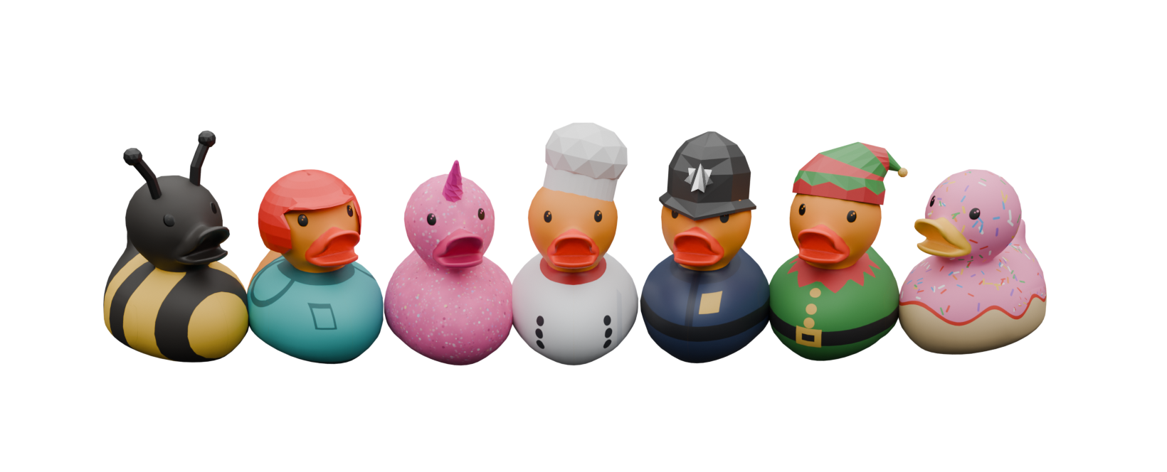 A row of rubber ducks dressed as a bee, a unicorn, a chef, a police officer, an elf and a doughnut